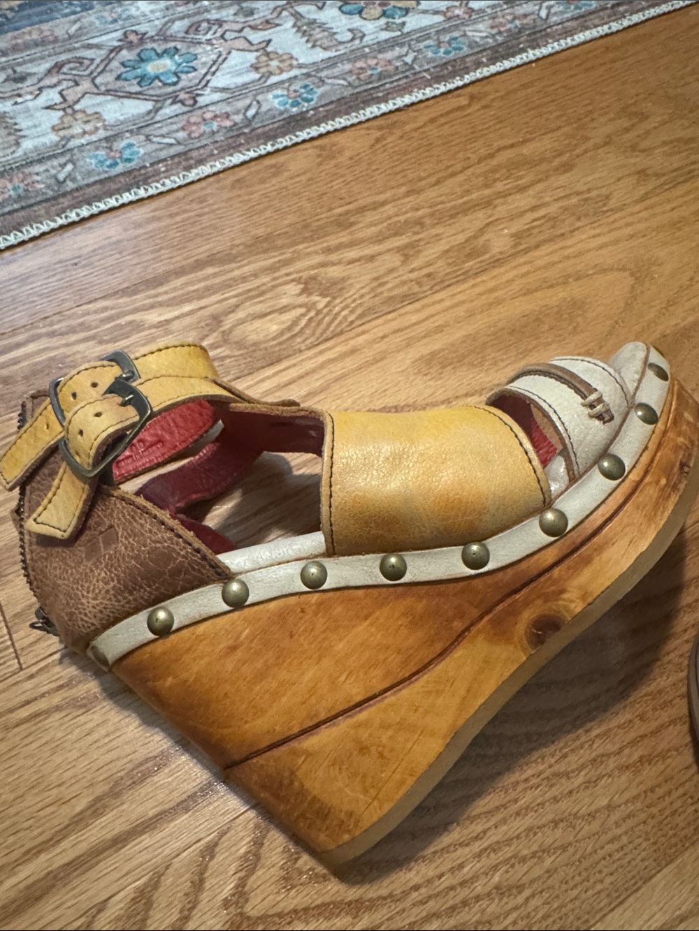 Bed Stu Yellow Brown Leather Platform Wedge Sandals